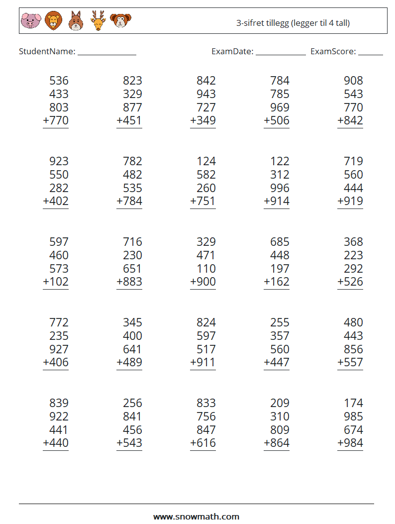 (25) 3-sifret tillegg (legger til 4 tall) MathWorksheets 8