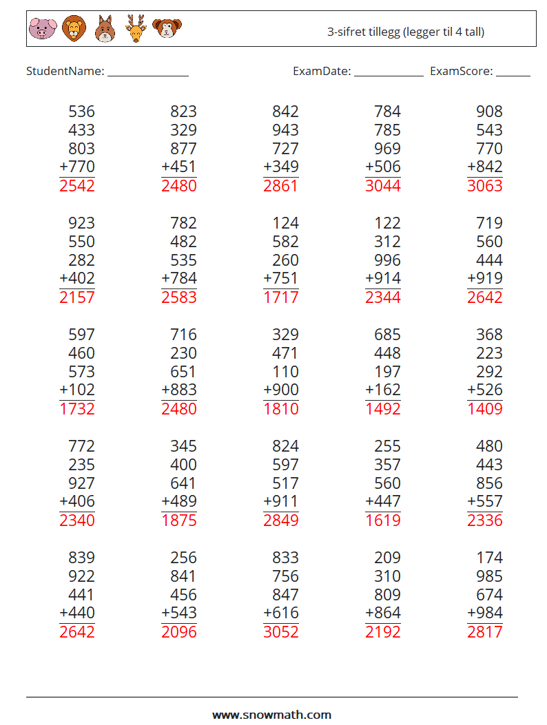 (25) 3-sifret tillegg (legger til 4 tall) MathWorksheets 8 QuestionAnswer