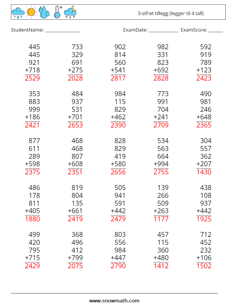 (25) 3-sifret tillegg (legger til 4 tall) MathWorksheets 9 QuestionAnswer