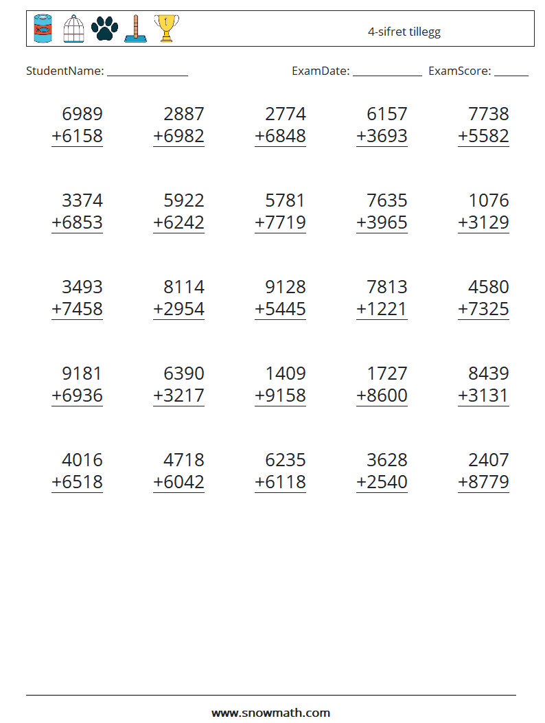 (25) 4-sifret tillegg MathWorksheets 1