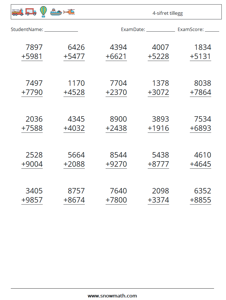 (25) 4-sifret tillegg MathWorksheets 10