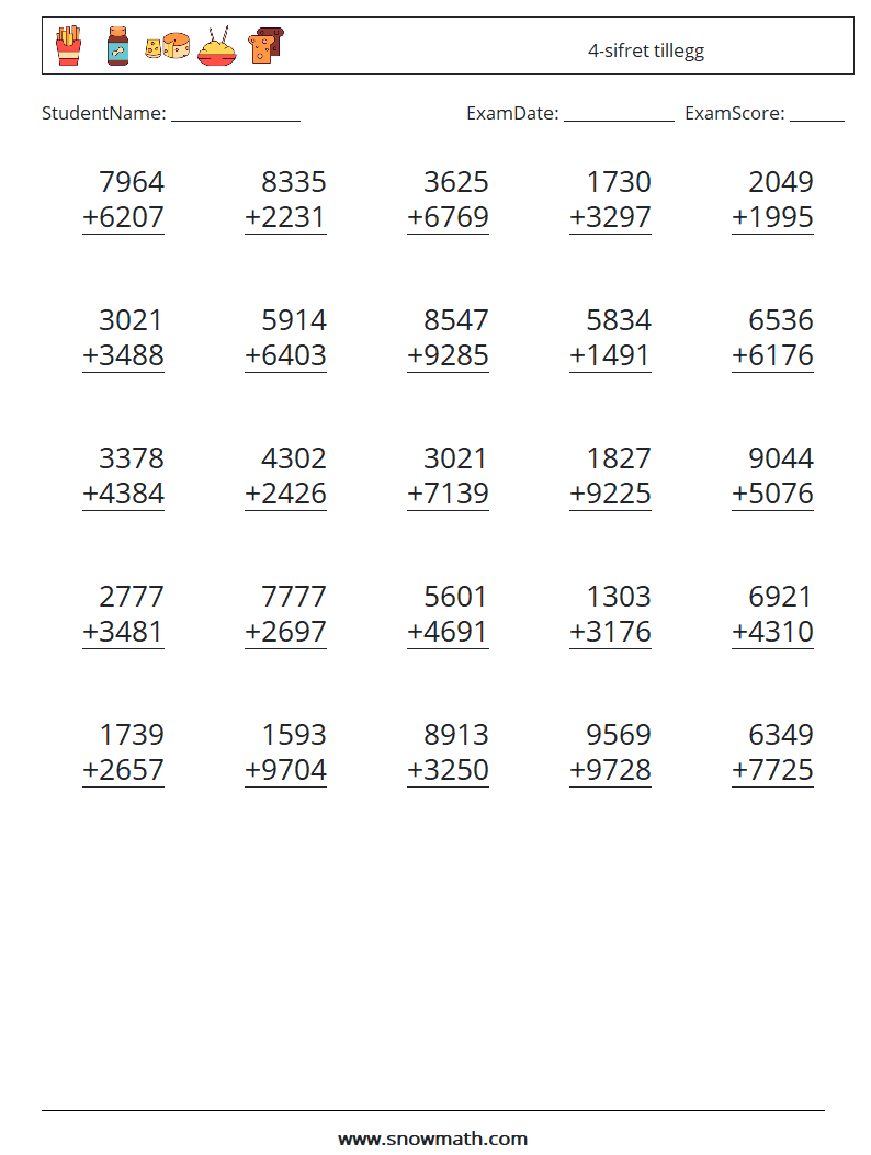 (25) 4-sifret tillegg MathWorksheets 11