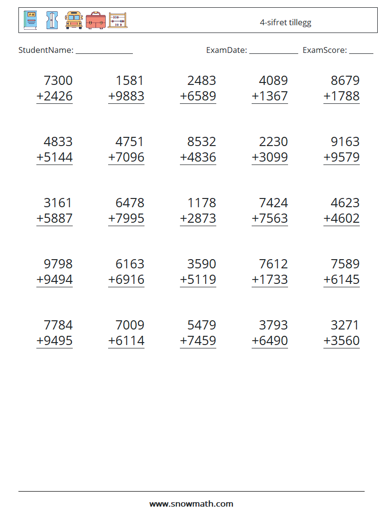 (25) 4-sifret tillegg MathWorksheets 13