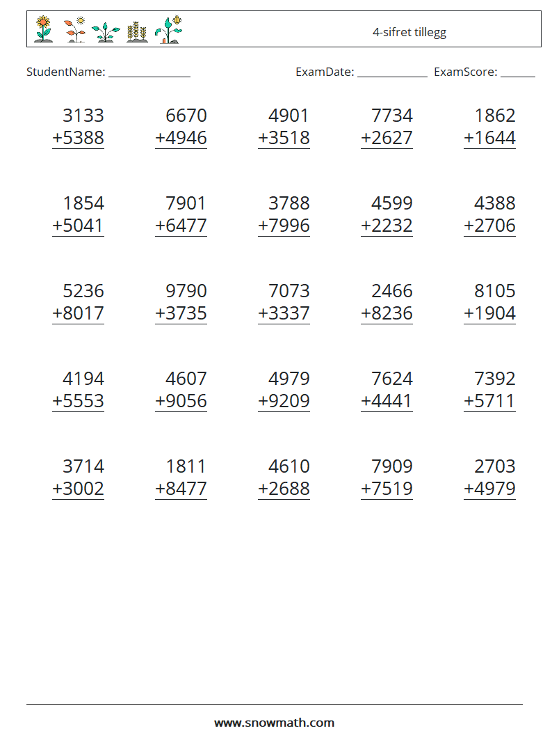 (25) 4-sifret tillegg MathWorksheets 14