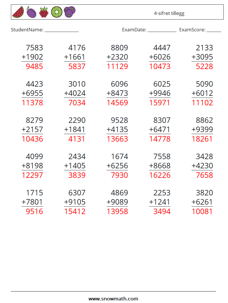 (25) 4-sifret tillegg MathWorksheets 17 QuestionAnswer