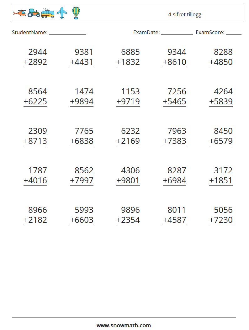 (25) 4-sifret tillegg MathWorksheets 18