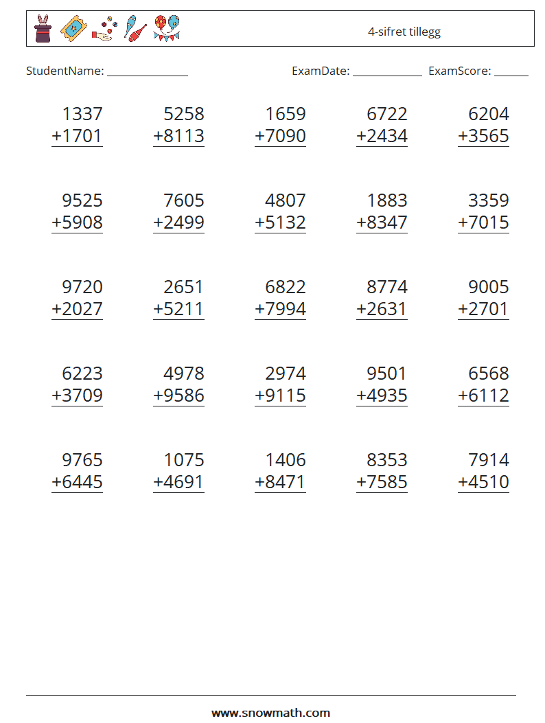 (25) 4-sifret tillegg MathWorksheets 2