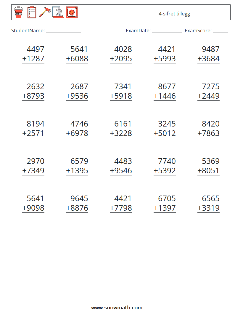 (25) 4-sifret tillegg MathWorksheets 3