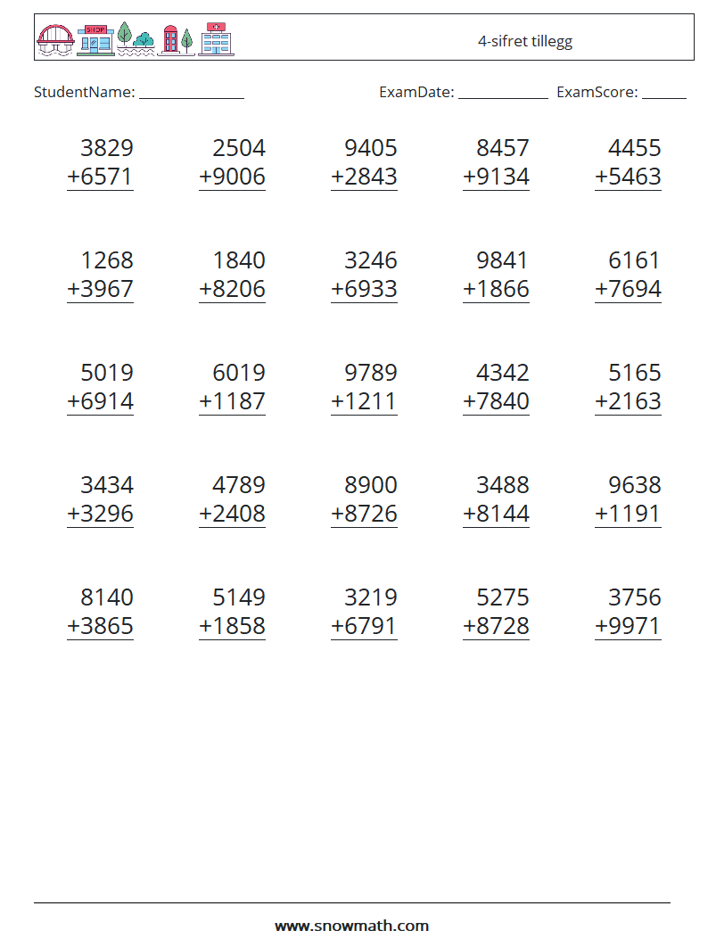 (25) 4-sifret tillegg MathWorksheets 4