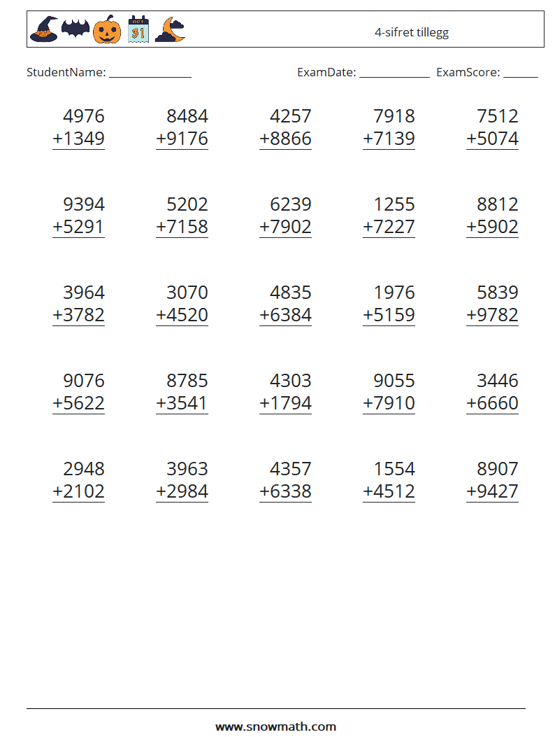 (25) 4-sifret tillegg MathWorksheets 5