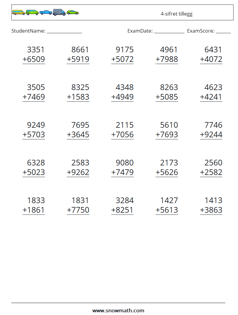 (25) 4-sifret tillegg MathWorksheets 6