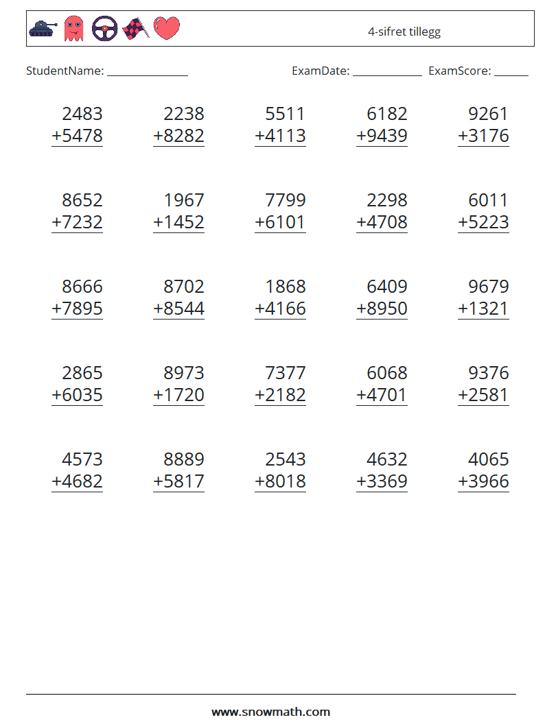 (25) 4-sifret tillegg MathWorksheets 7