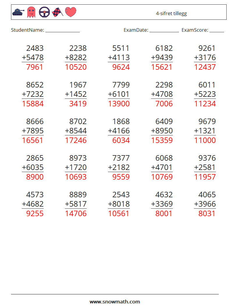 (25) 4-sifret tillegg MathWorksheets 7 QuestionAnswer