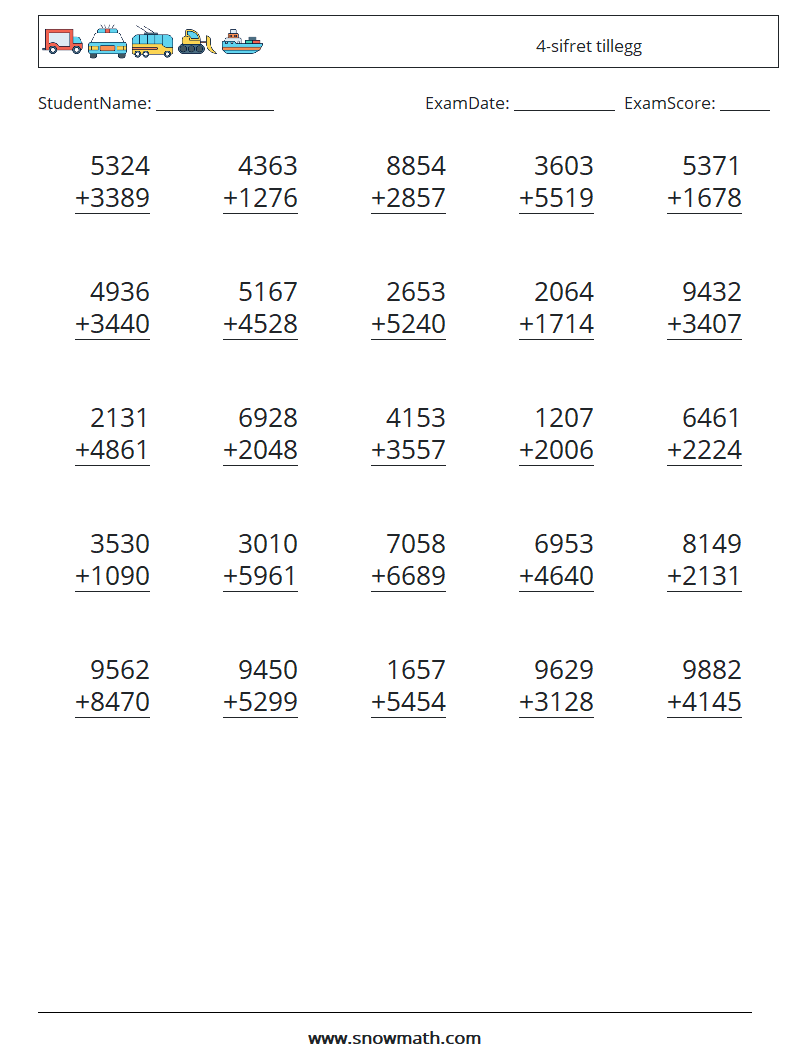 (25) 4-sifret tillegg MathWorksheets 9