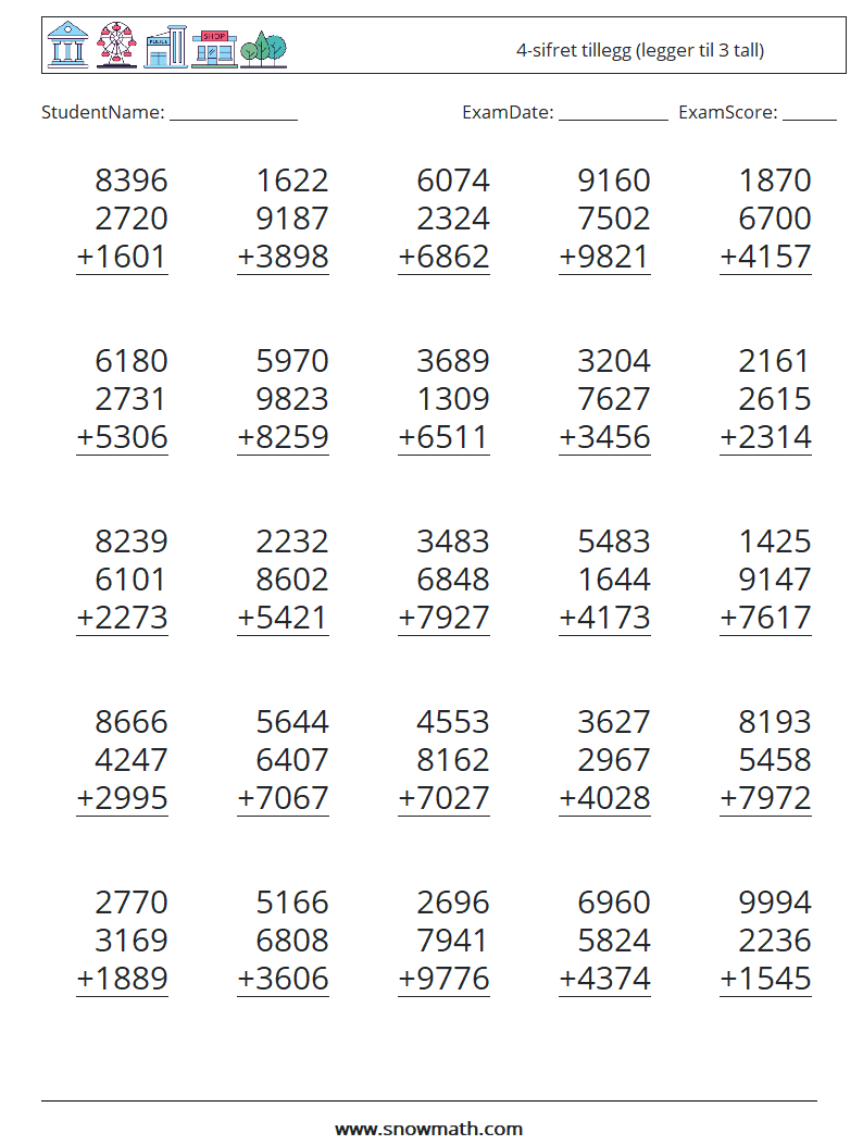 (25) 4-sifret tillegg (legger til 3 tall) MathWorksheets 13
