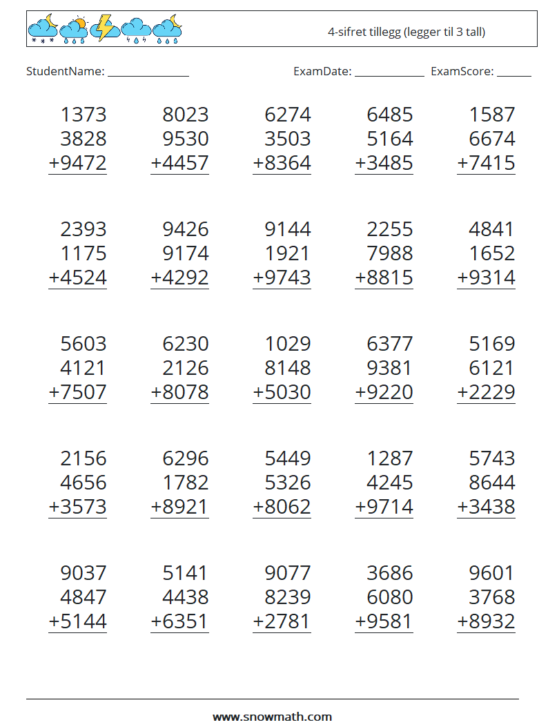 (25) 4-sifret tillegg (legger til 3 tall) MathWorksheets 14