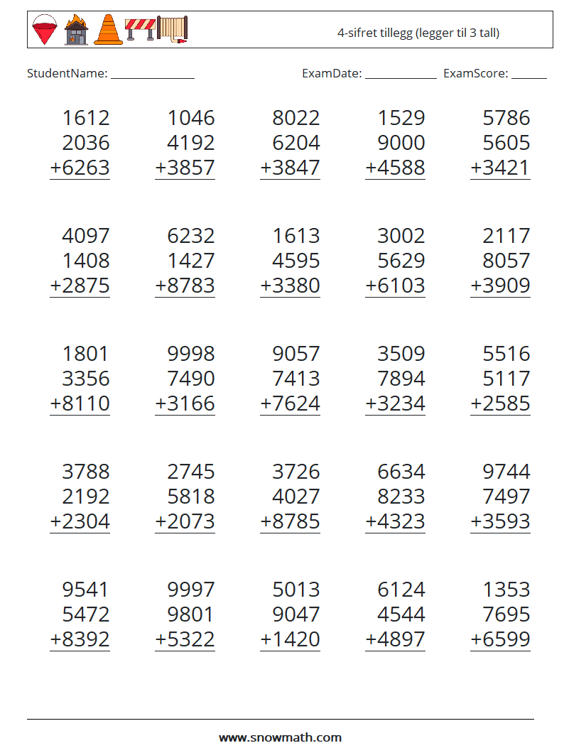 (25) 4-sifret tillegg (legger til 3 tall) MathWorksheets 16