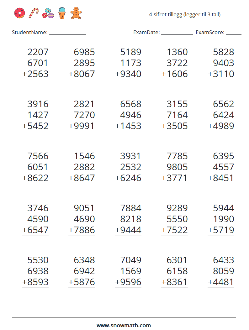 (25) 4-sifret tillegg (legger til 3 tall) MathWorksheets 3