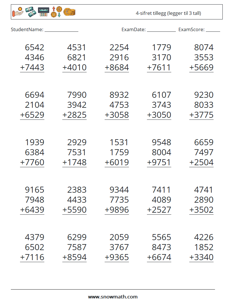(25) 4-sifret tillegg (legger til 3 tall) MathWorksheets 4