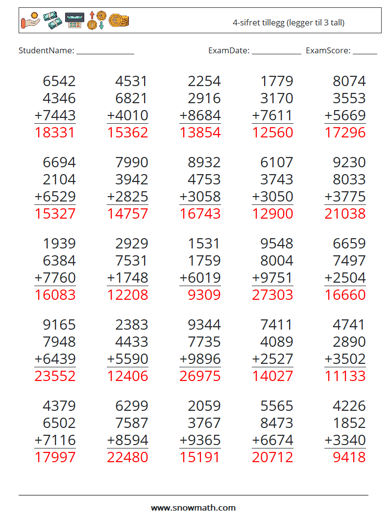 (25) 4-sifret tillegg (legger til 3 tall) MathWorksheets 4 QuestionAnswer