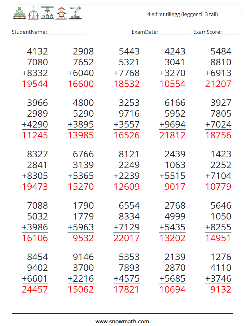 (25) 4-sifret tillegg (legger til 3 tall) MathWorksheets 5 QuestionAnswer