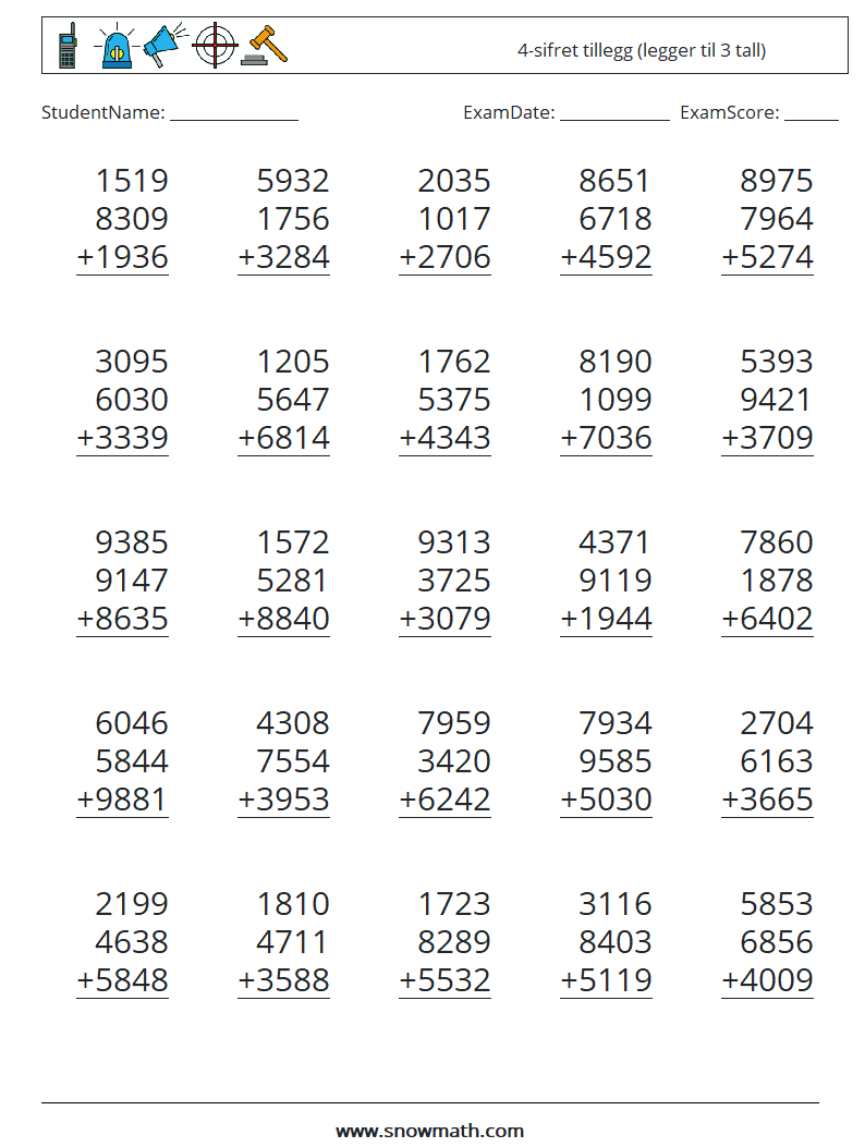 (25) 4-sifret tillegg (legger til 3 tall) MathWorksheets 8