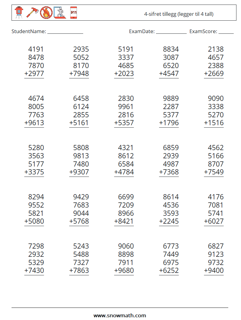 (25) 4-sifret tillegg (legger til 4 tall) MathWorksheets 1