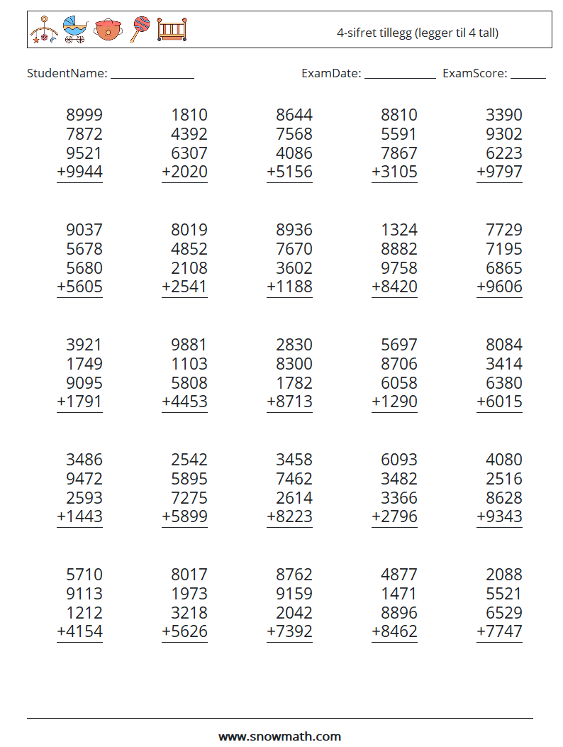 (25) 4-sifret tillegg (legger til 4 tall) MathWorksheets 10