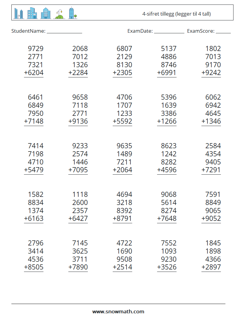 (25) 4-sifret tillegg (legger til 4 tall) MathWorksheets 11