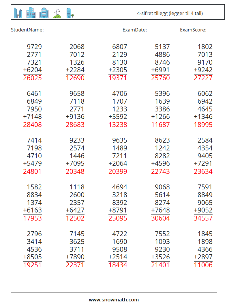 (25) 4-sifret tillegg (legger til 4 tall) MathWorksheets 11 QuestionAnswer