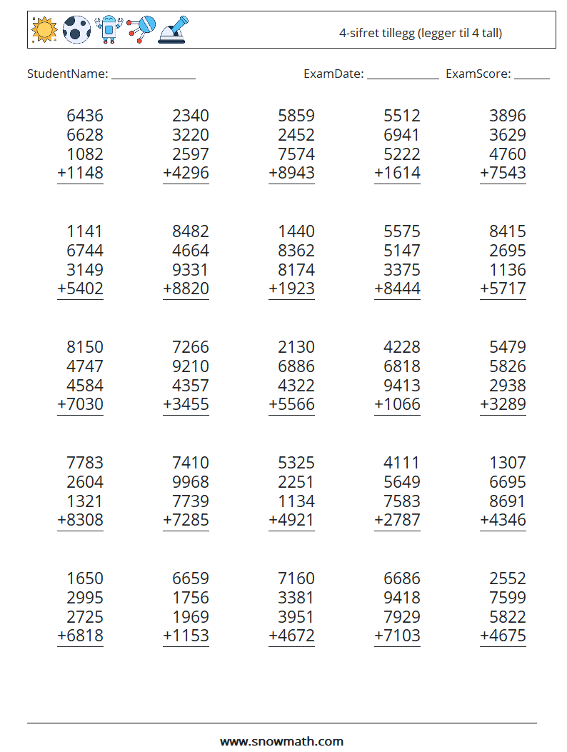 (25) 4-sifret tillegg (legger til 4 tall) MathWorksheets 12