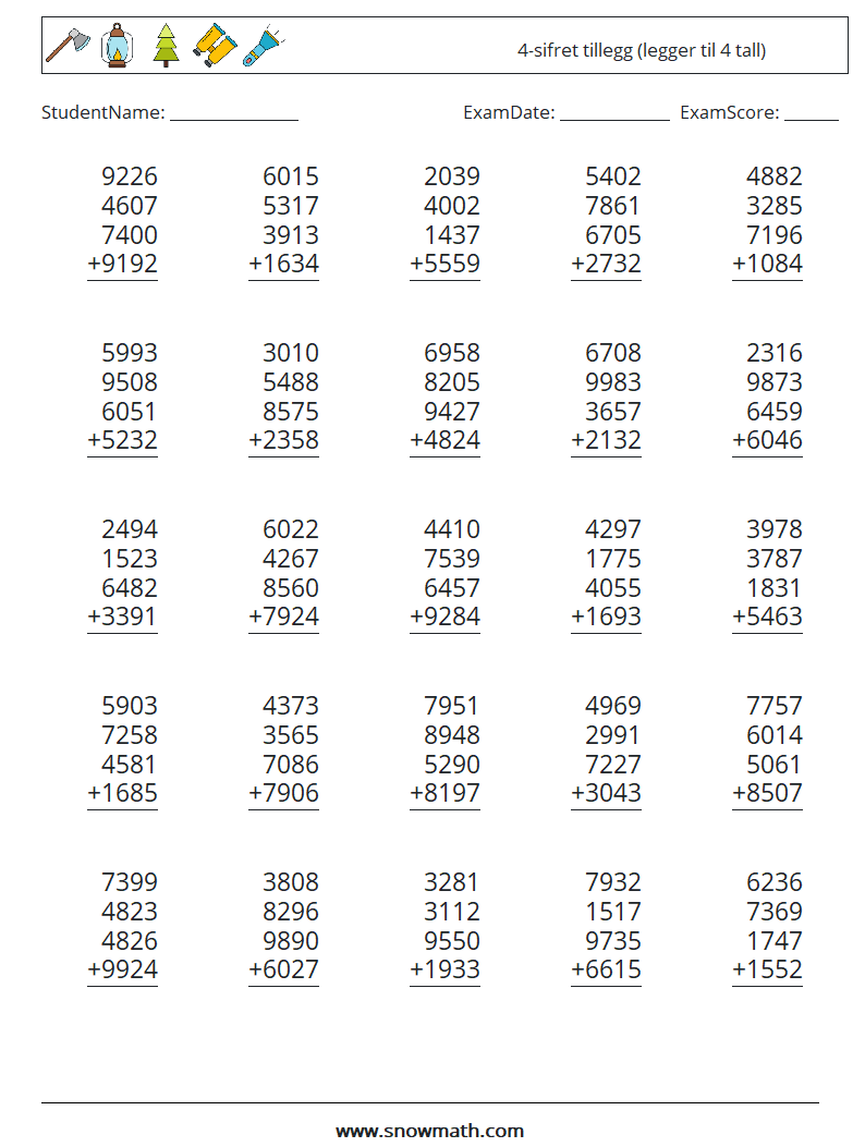 (25) 4-sifret tillegg (legger til 4 tall) MathWorksheets 13