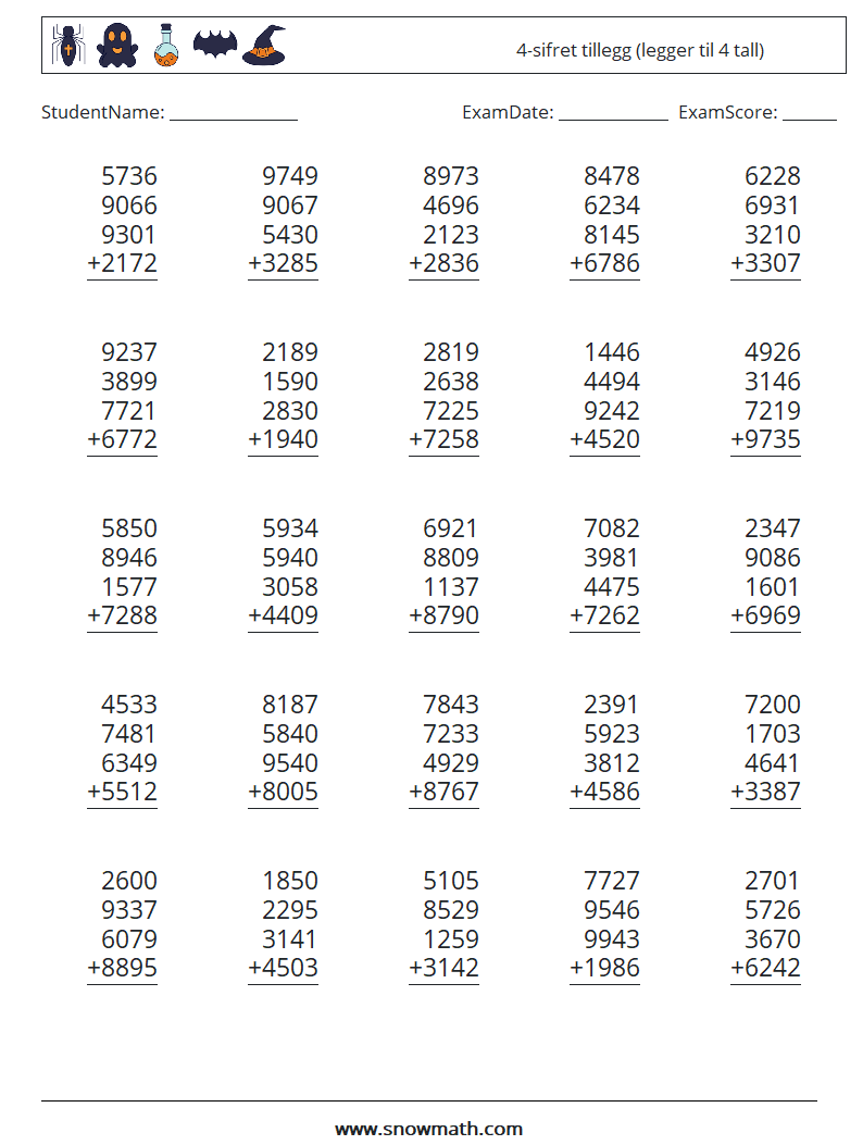 (25) 4-sifret tillegg (legger til 4 tall) MathWorksheets 15