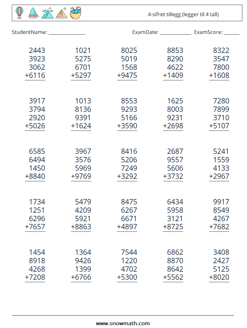 (25) 4-sifret tillegg (legger til 4 tall) MathWorksheets 16