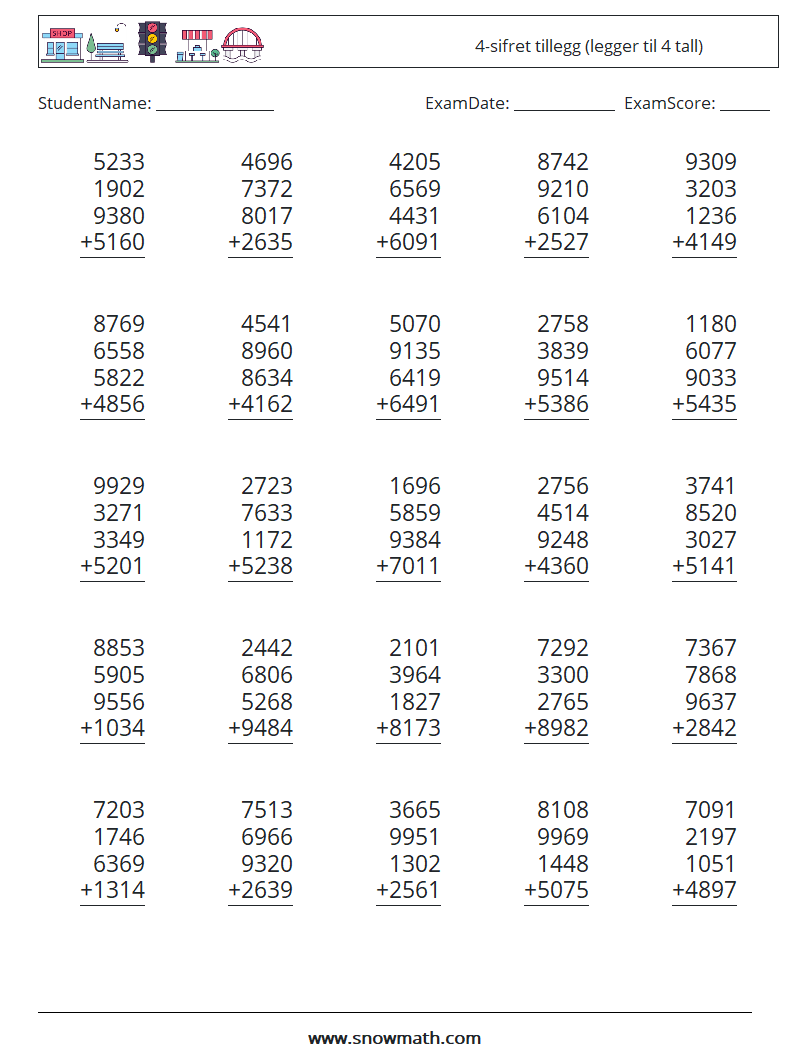 (25) 4-sifret tillegg (legger til 4 tall) MathWorksheets 17