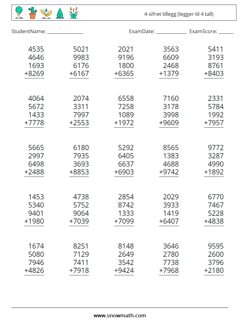 (25) 4-sifret tillegg (legger til 4 tall) MathWorksheets 18