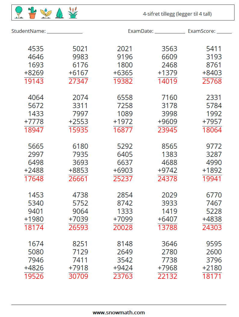 (25) 4-sifret tillegg (legger til 4 tall) MathWorksheets 18 QuestionAnswer