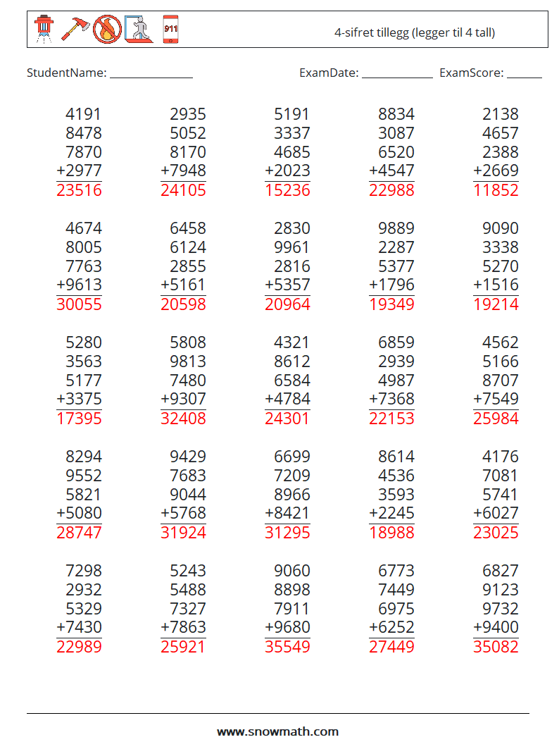 (25) 4-sifret tillegg (legger til 4 tall) MathWorksheets 1 QuestionAnswer