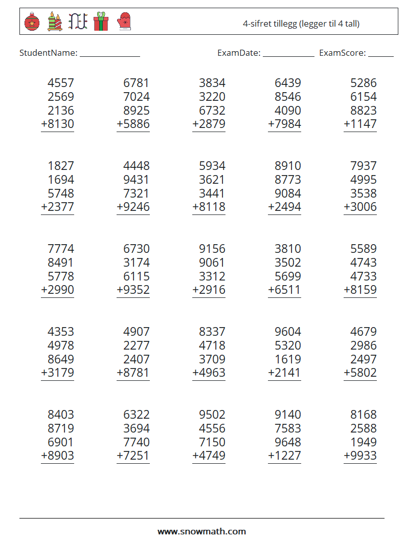 (25) 4-sifret tillegg (legger til 4 tall) MathWorksheets 2