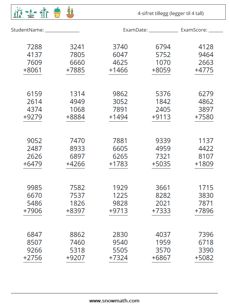 (25) 4-sifret tillegg (legger til 4 tall) MathWorksheets 3