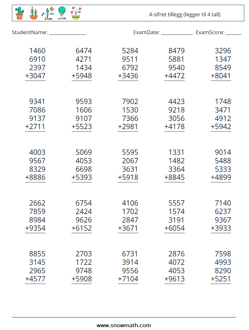 (25) 4-sifret tillegg (legger til 4 tall) MathWorksheets 4