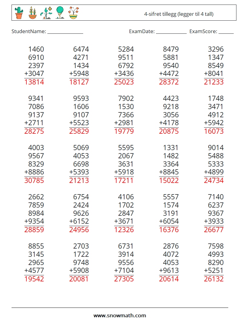 (25) 4-sifret tillegg (legger til 4 tall) MathWorksheets 4 QuestionAnswer