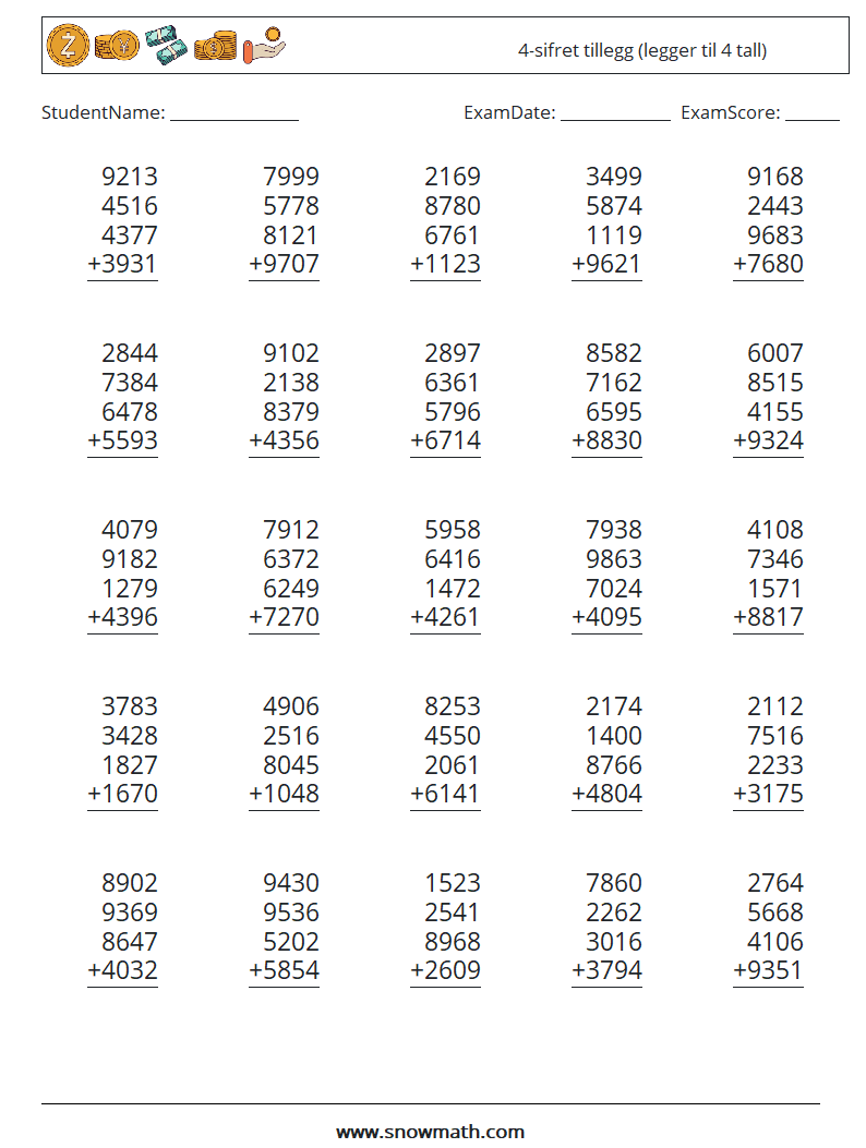 (25) 4-sifret tillegg (legger til 4 tall) MathWorksheets 5