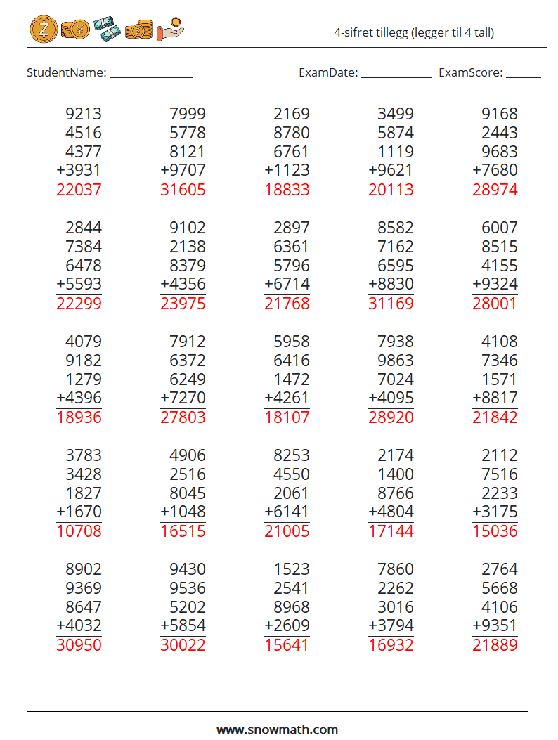 (25) 4-sifret tillegg (legger til 4 tall) MathWorksheets 5 QuestionAnswer
