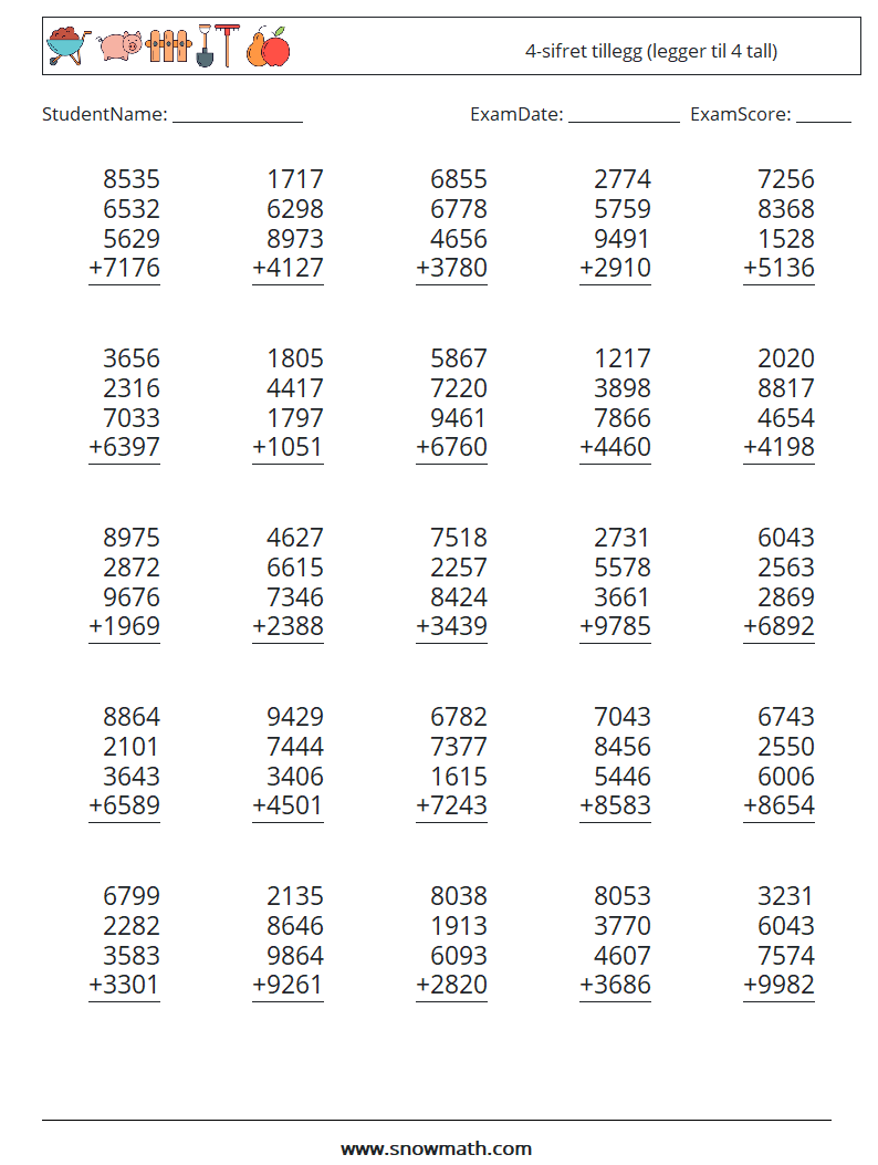 (25) 4-sifret tillegg (legger til 4 tall) MathWorksheets 6