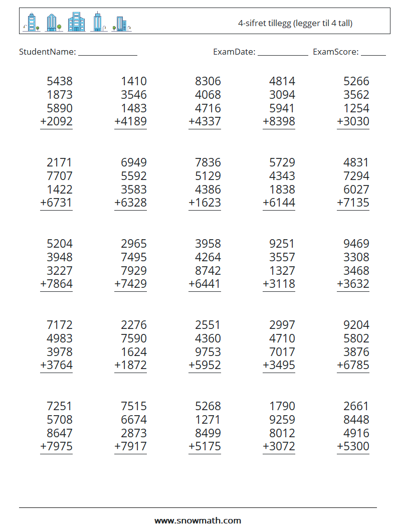 (25) 4-sifret tillegg (legger til 4 tall) MathWorksheets 8