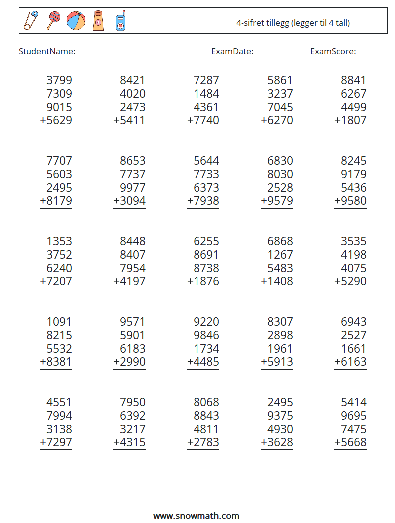 (25) 4-sifret tillegg (legger til 4 tall) MathWorksheets 9