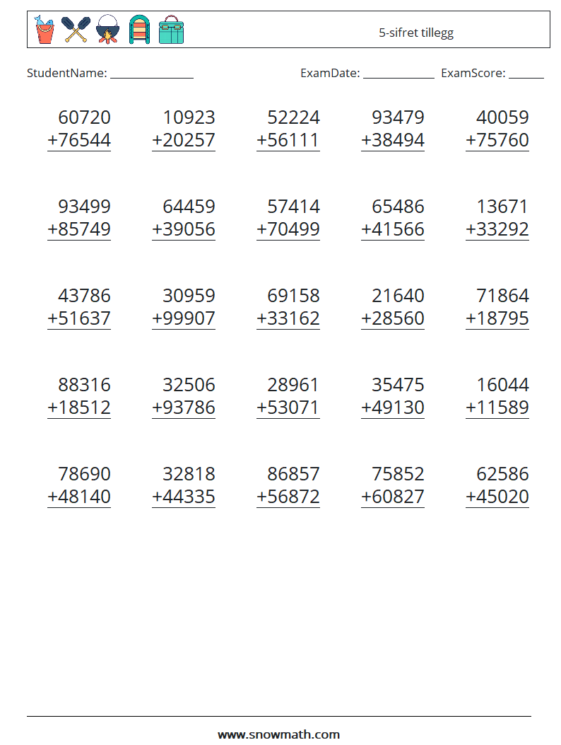 (25) 5-sifret tillegg MathWorksheets 1