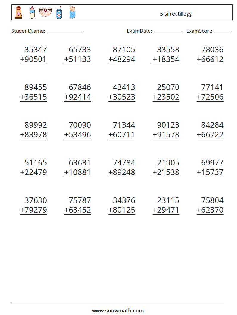 (25) 5-sifret tillegg MathWorksheets 10