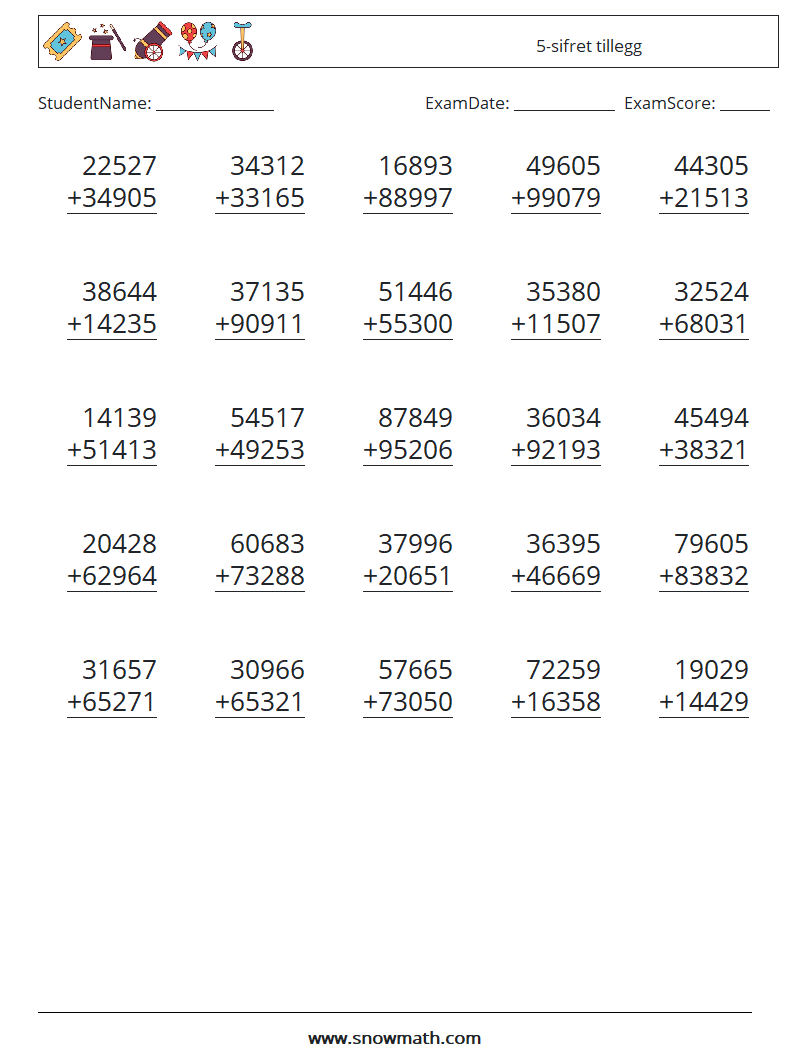 (25) 5-sifret tillegg MathWorksheets 11